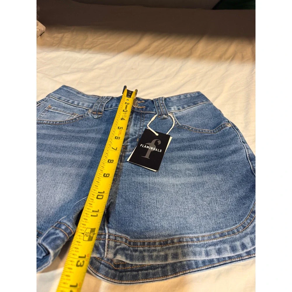 Flamingals Wash Split Studded Mid Waist Denim Shorts Blue XS 273132 XC